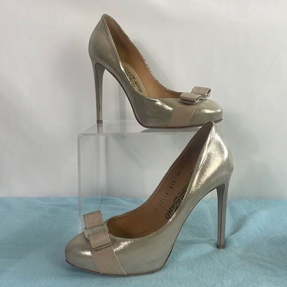 Salvatore Ferragamo Shoes - Salvatore Ferragamo Gold Stiletto Bow Front Pumps Shoes